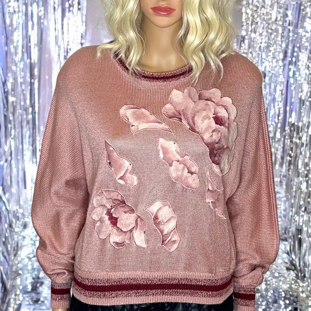 Vintage Floral Appliqué Pink Long Sleeve Pullover Sweater by Piat Ltd Size 14 M